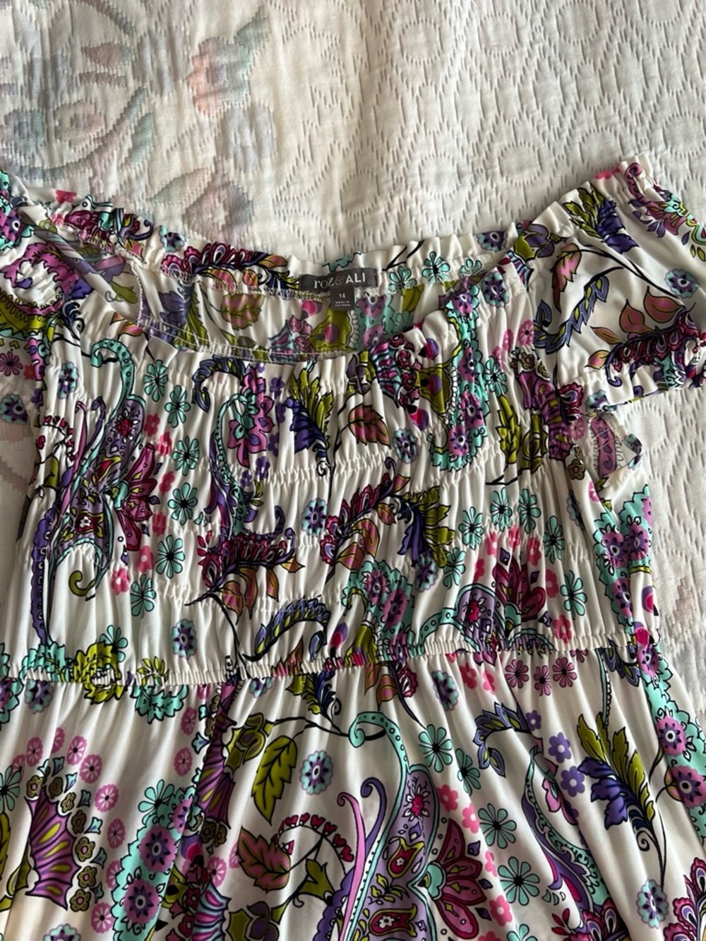 Roz & Ali White Sundress with Pink, Purple, Teal and Lime Paisley Print - Picture 3 of 5